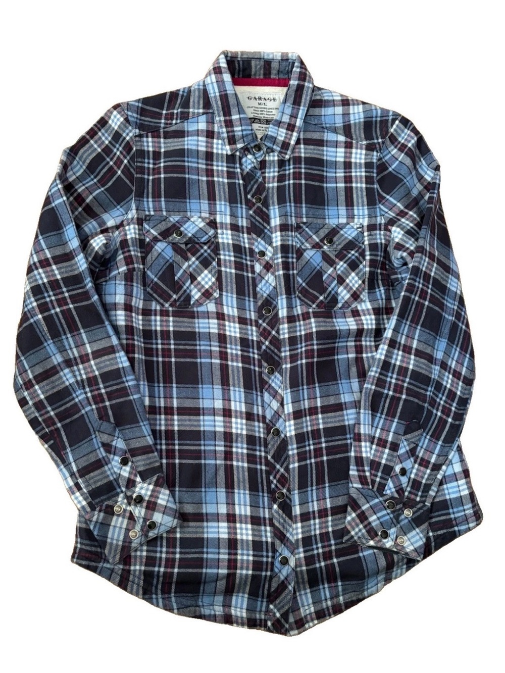NWOT Garage Men’s Navy and Light Blue Plaid Snap-Down Shacket - Medium